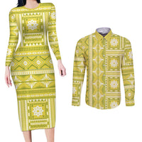 Fiji Masi All Yellow Couples Matching Long Sleeve Bodycon Dress and Long Sleeve Button Shirt Tapa Pattern - Polynesian Pride
