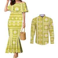 Fiji Masi All Yellow Couples Matching Mermaid Dress and Long Sleeve Button Shirt Tapa Pattern - Polynesian Pride