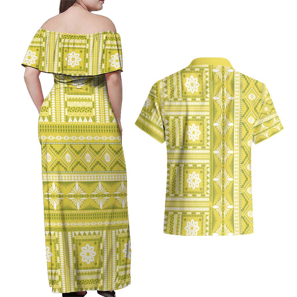 Fiji Masi All Yellow Couples Matching Off Shoulder Maxi Dress and Hawaiian Shirt Tapa Pattern - Polynesian Pride