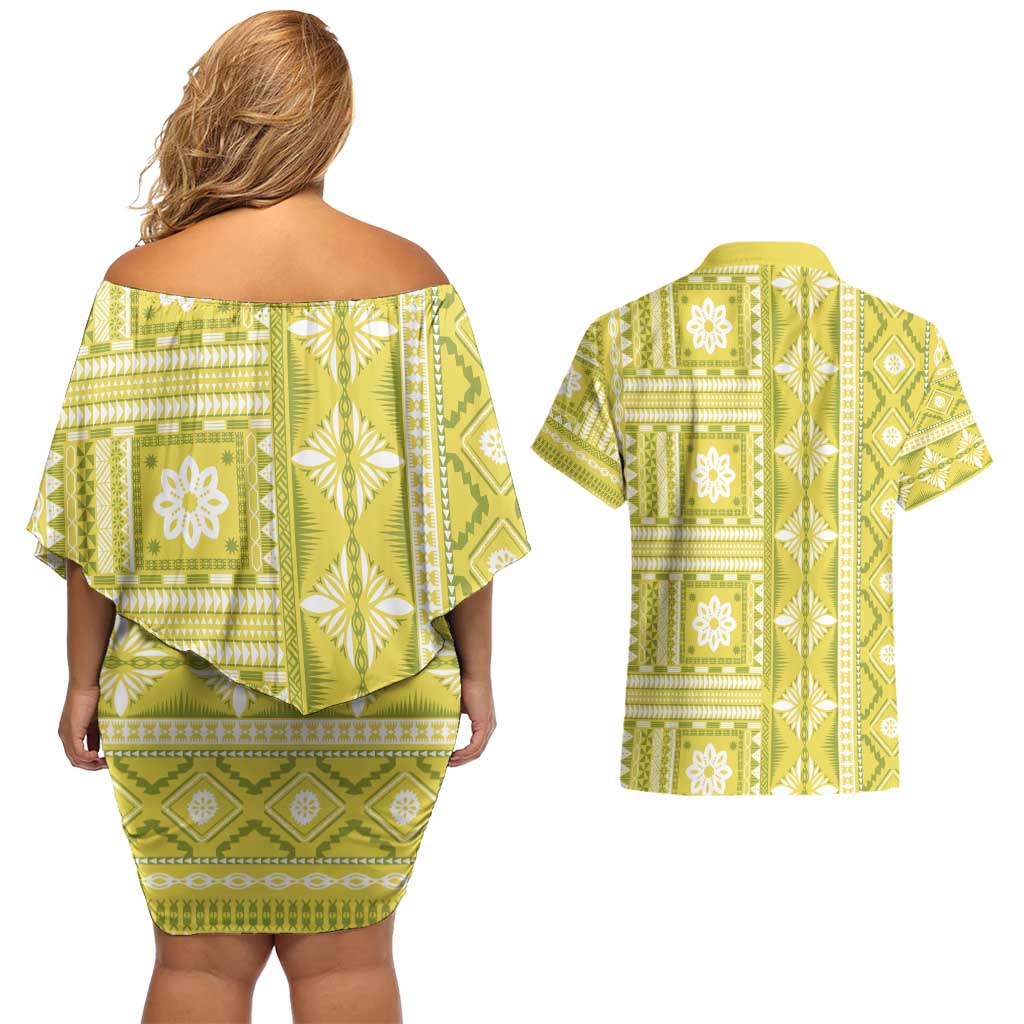 Fiji Masi All Yellow Couples Matching Off Shoulder Short Dress and Hawaiian Shirt Tapa Pattern - Polynesian Pride