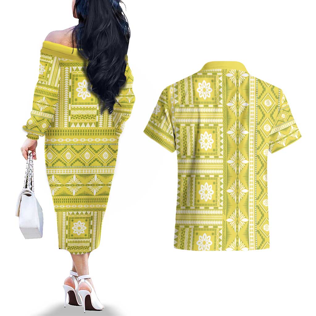 Fiji Masi All Yellow Couples Matching Off The Shoulder Long Sleeve Dress and Hawaiian Shirt Tapa Pattern - Polynesian Pride