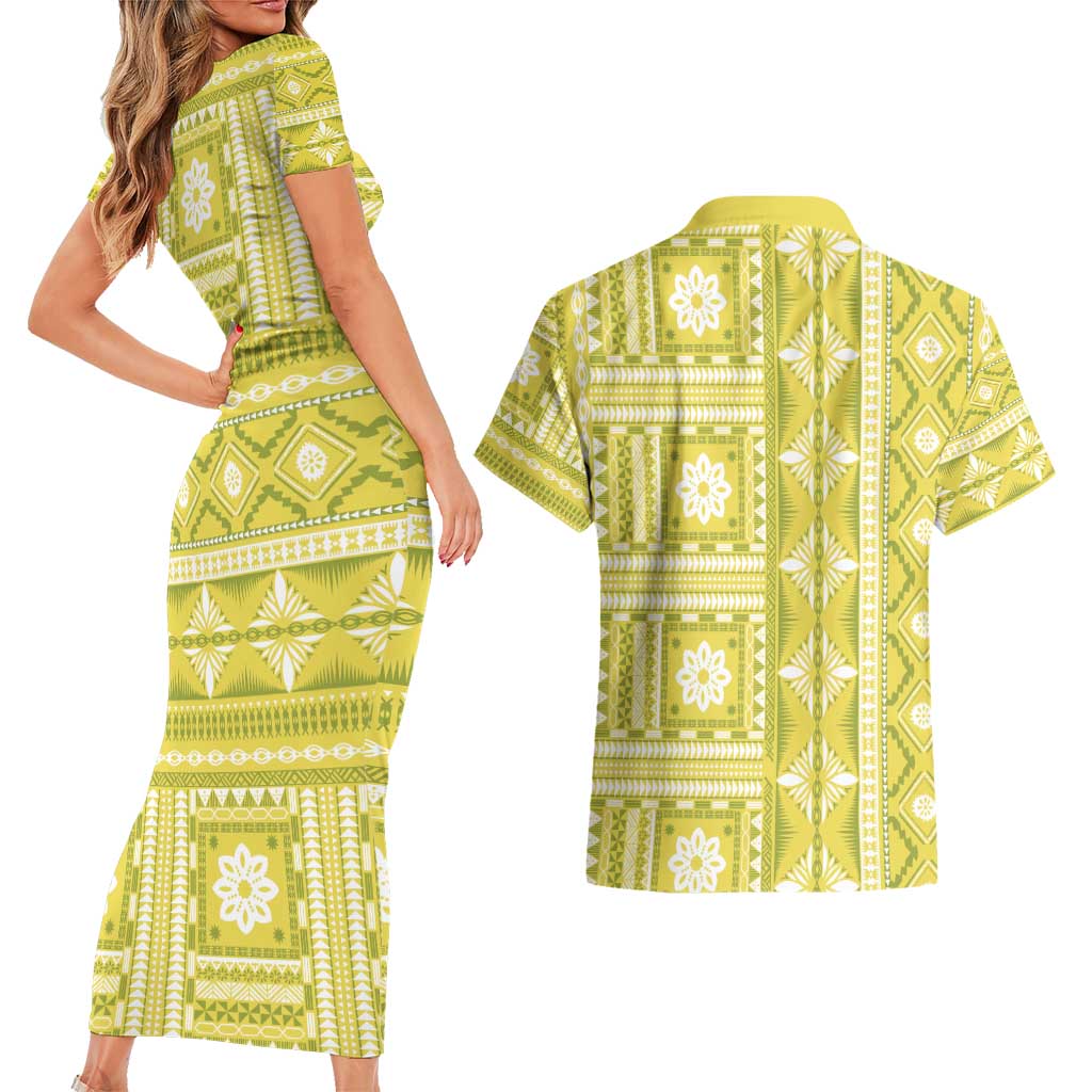 Fiji Masi All Yellow Couples Matching Short Sleeve Bodycon Dress and Hawaiian Shirt Tapa Pattern - Polynesian Pride