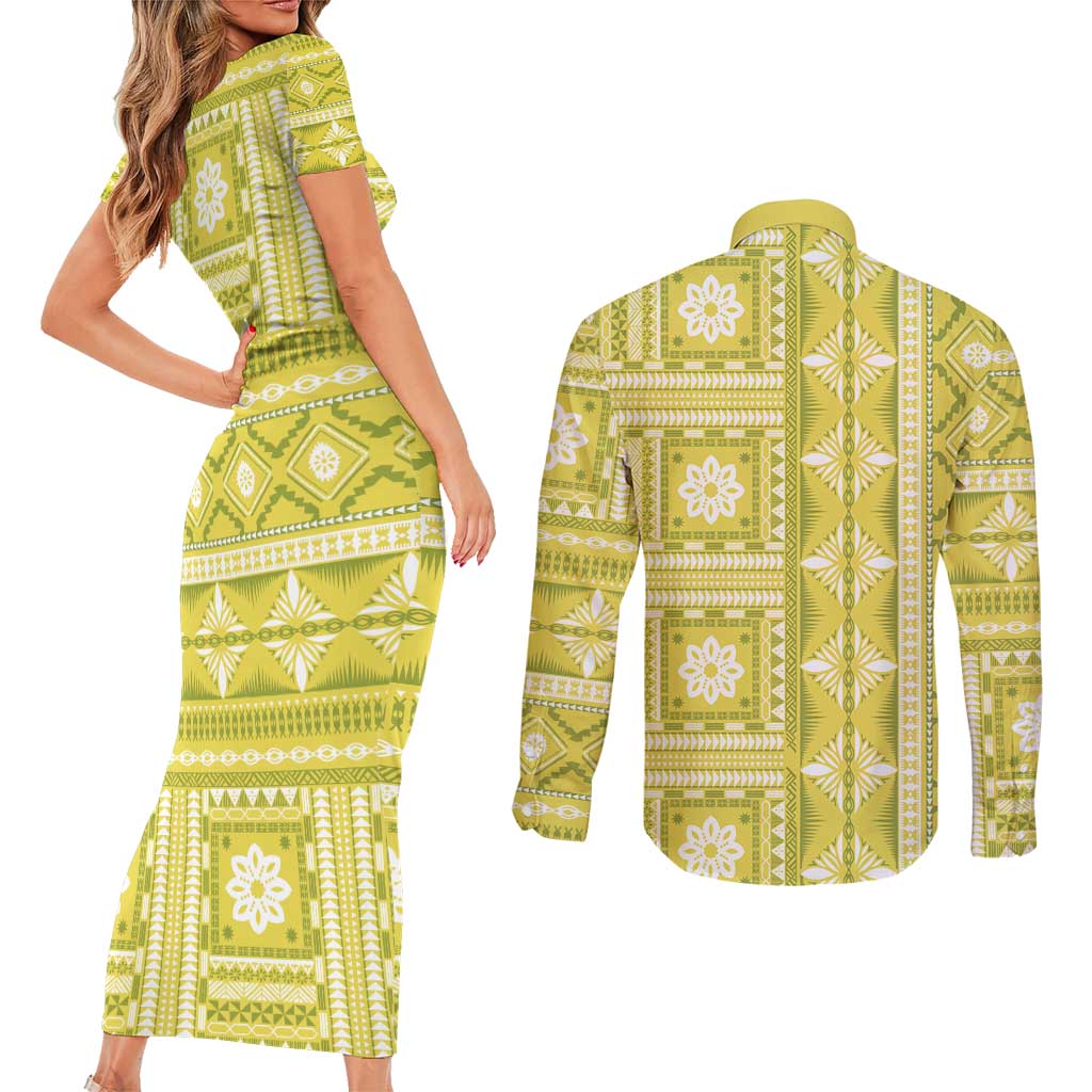 Fiji Masi All Yellow Couples Matching Short Sleeve Bodycon Dress and Long Sleeve Button Shirt Tapa Pattern - Polynesian Pride