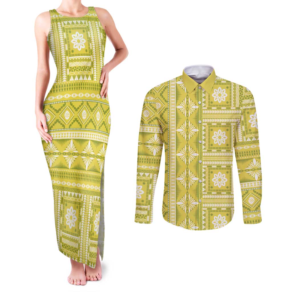 Fiji Masi All Yellow Couples Matching Tank Maxi Dress and Long Sleeve Button Shirt Tapa Pattern - Polynesian Pride