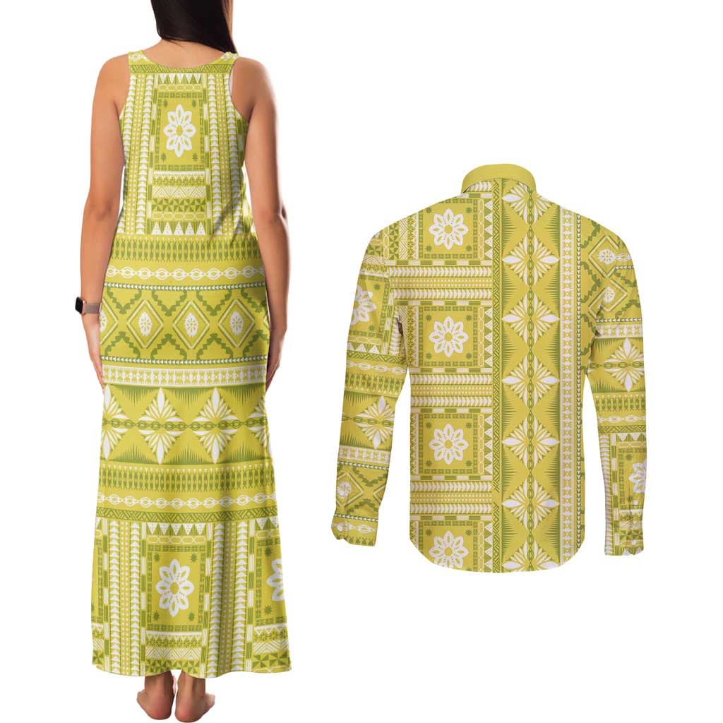 Fiji Masi All Yellow Couples Matching Tank Maxi Dress and Long Sleeve Button Shirt Tapa Pattern - Polynesian Pride