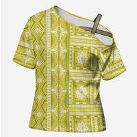 Fiji Masi All Yellow Cross Shoulder Shirt Tapa Pattern - Polynesian Pride