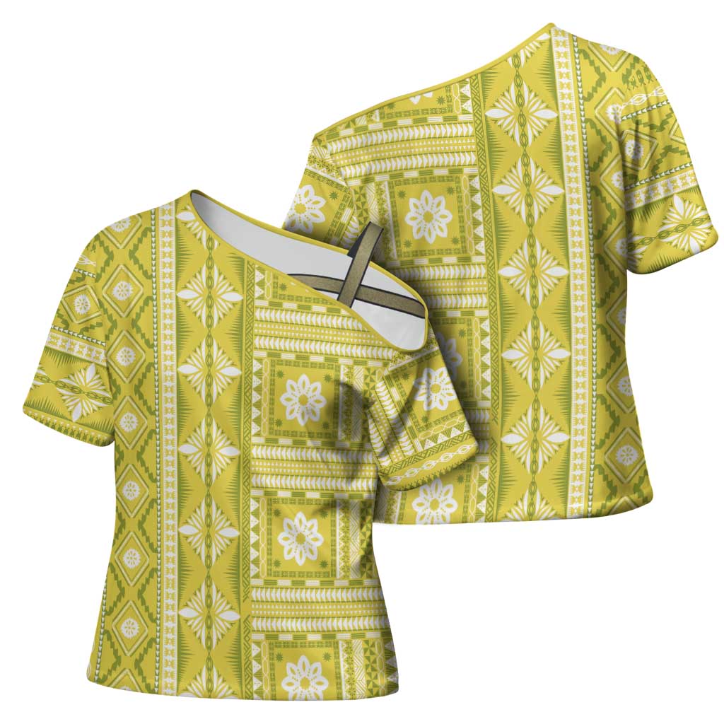 Fiji Masi All Yellow Cross Shoulder Shirt Tapa Pattern - Polynesian Pride