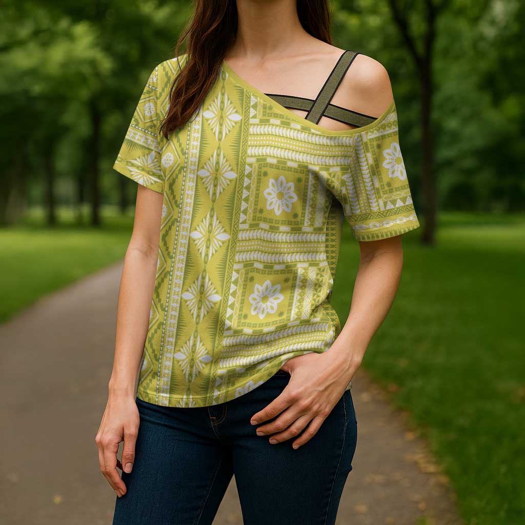 Fiji Masi All Yellow Cross Shoulder Shirt Tapa Pattern - Polynesian Pride