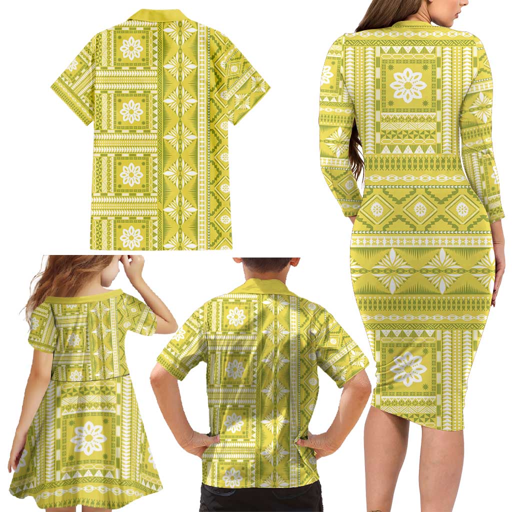 Fiji Masi All Yellow Family Matching Long Sleeve Bodycon Dress and Hawaiian Shirt Tapa Pattern - Polynesian Pride