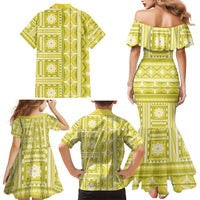 Fiji Masi All Yellow Family Matching Mermaid Dress and Hawaiian Shirt Tapa Pattern - Polynesian Pride
