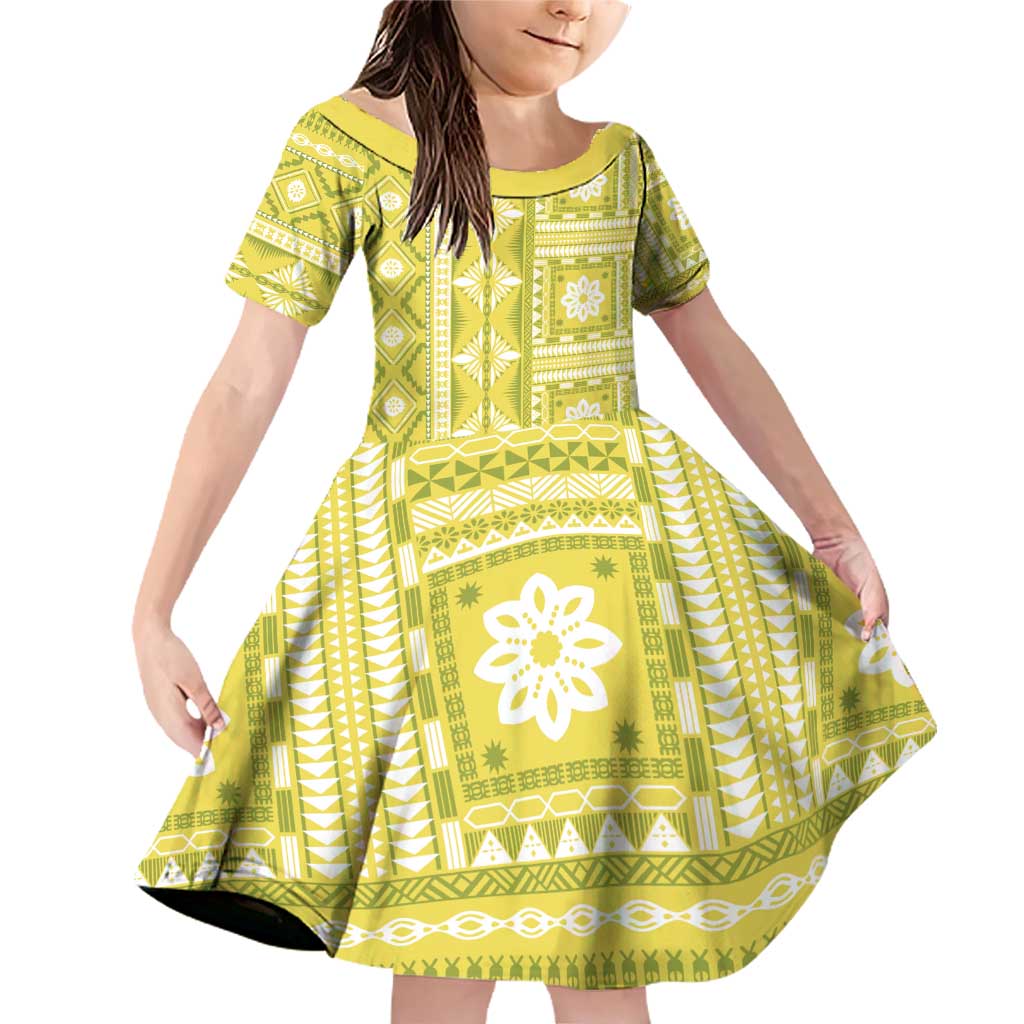 Fiji Masi All Yellow Family Matching Off Shoulder Short Dress and Hawaiian Shirt Tapa Pattern - Polynesian Pride