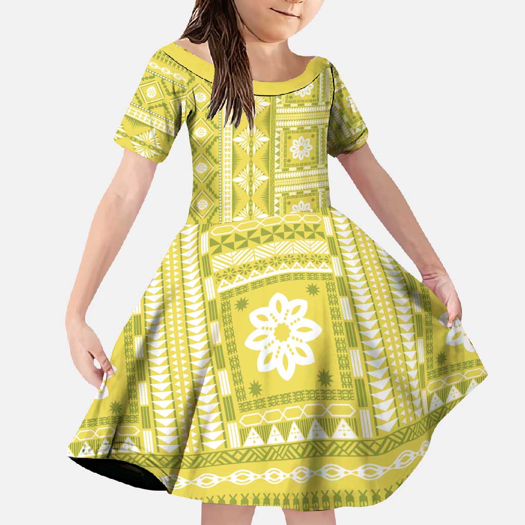 Fiji Masi All Yellow Family Matching Short Sleeve Bodycon Dress and Hawaiian Shirt Tapa Pattern - Polynesian Pride