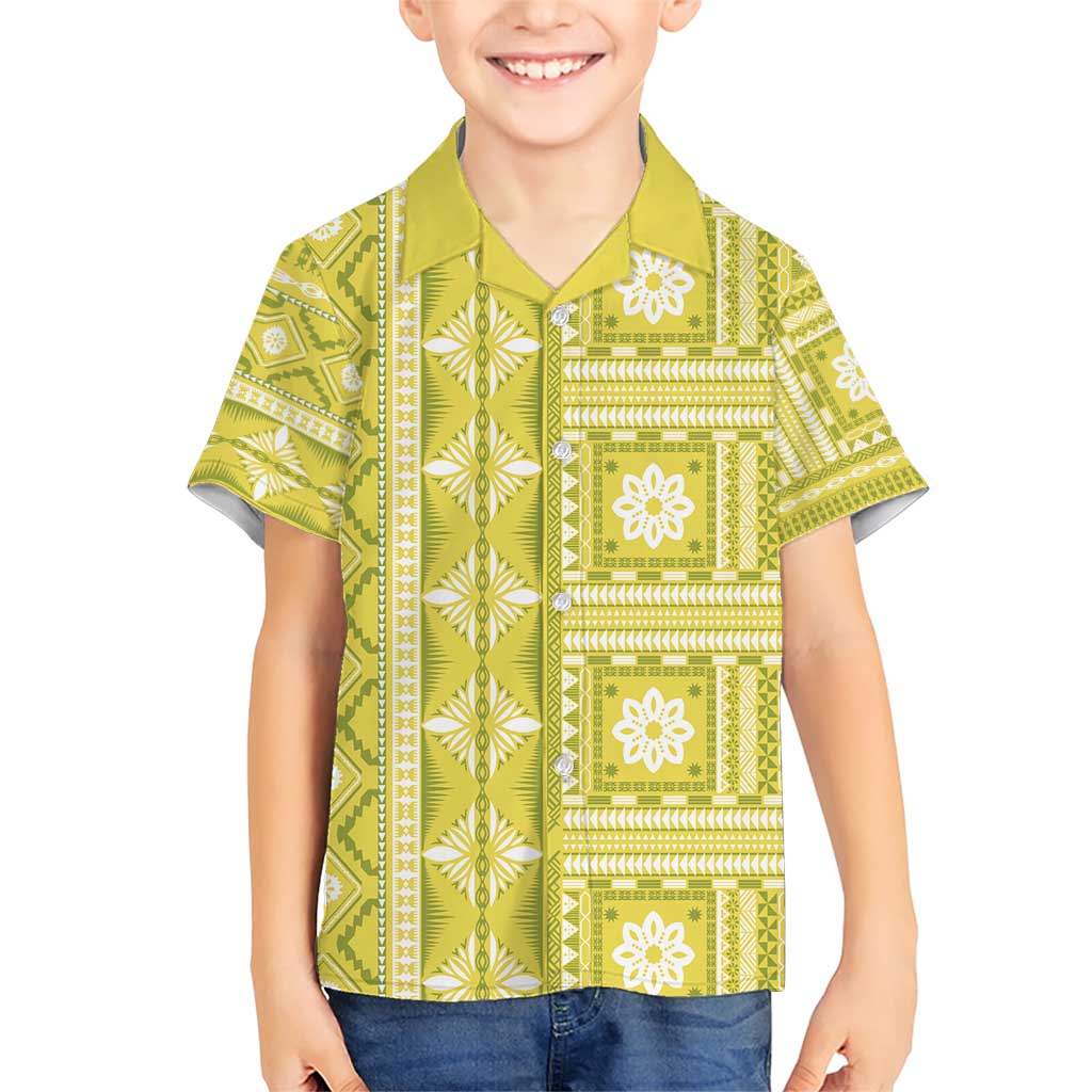 Fiji Masi All Yellow Family Matching Short Sleeve Bodycon Dress and Hawaiian Shirt Tapa Pattern - Polynesian Pride