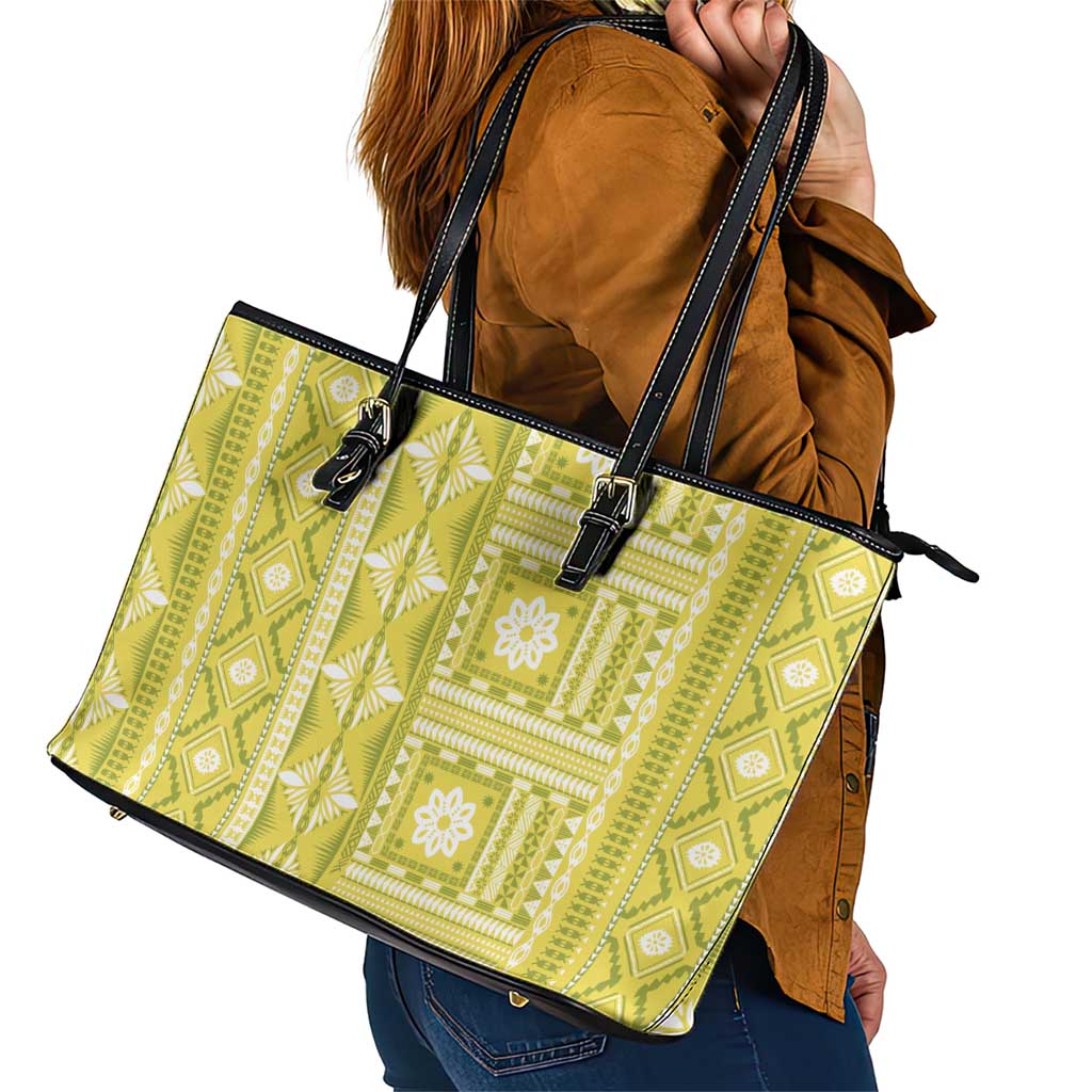 Fiji Masi All Yellow Leather Tote Bag Tapa Pattern - Polynesian Pride