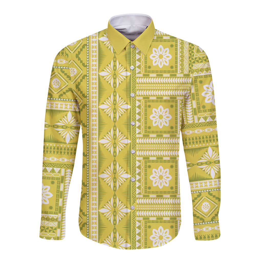 Fiji Masi All Yellow Long Sleeve Button Shirt Tapa Pattern - Polynesian Pride