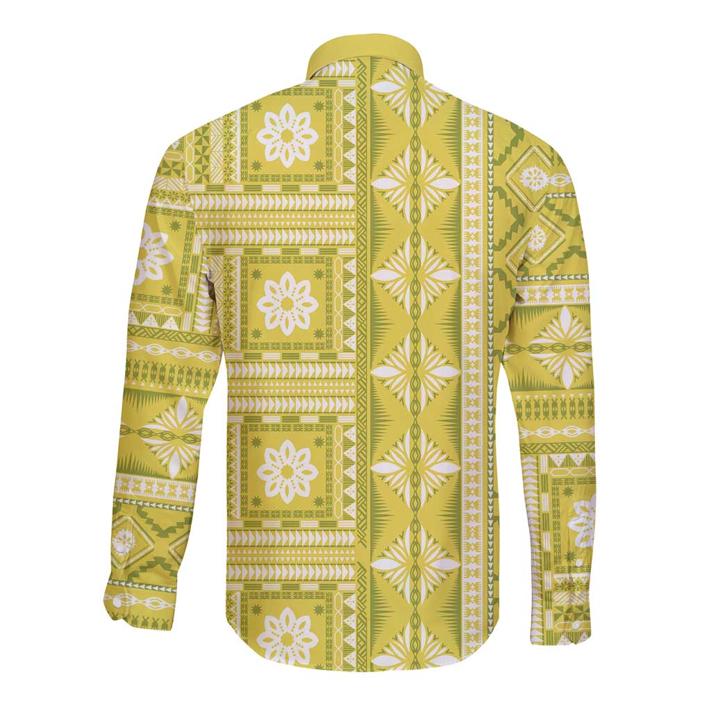 Fiji Masi All Yellow Long Sleeve Button Shirt Tapa Pattern - Polynesian Pride