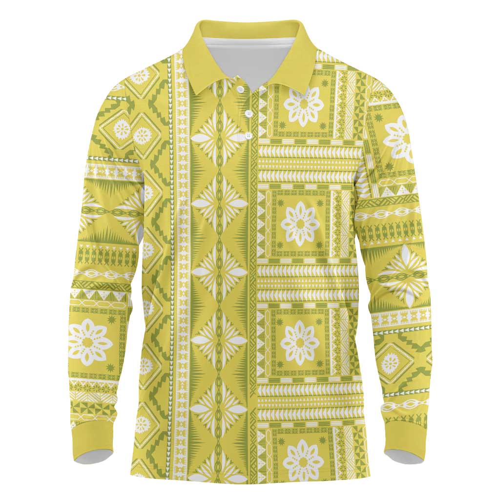 Fiji Masi All Yellow Long Sleeve Polo Shirt Tapa Pattern - Polynesian Pride