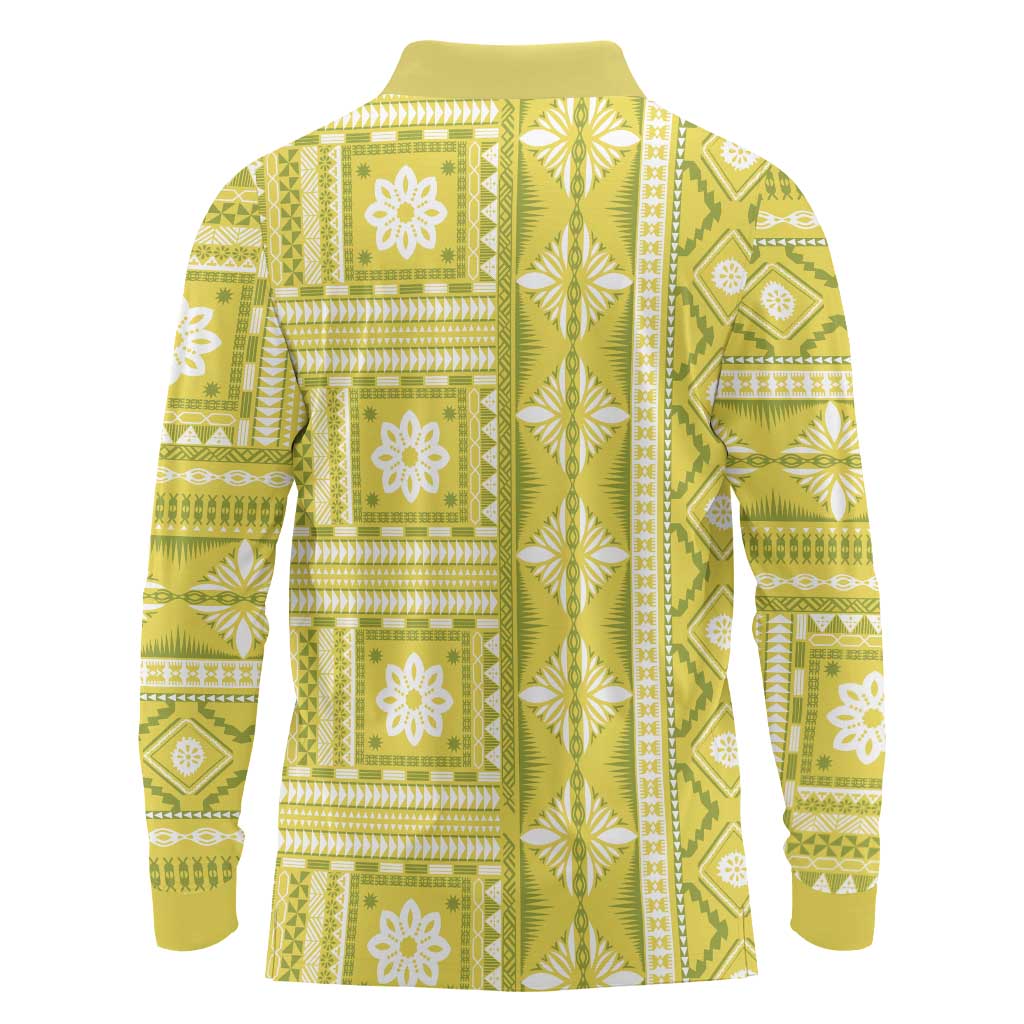 Fiji Masi All Yellow Long Sleeve Polo Shirt Tapa Pattern - Polynesian Pride
