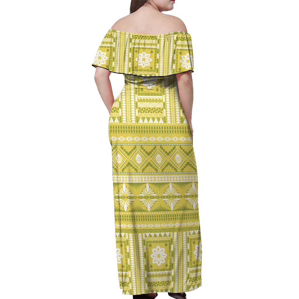 Fiji Masi All Yellow Off Shoulder Maxi Dress Tapa Pattern - Polynesian Pride