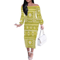 Fiji Masi All Yellow Off The Shoulder Long Sleeve Dress Tapa Pattern - Polynesian Pride