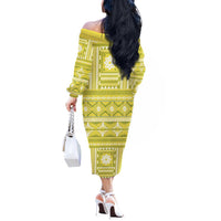 Fiji Masi All Yellow Off The Shoulder Long Sleeve Dress Tapa Pattern - Polynesian Pride