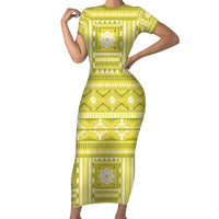 Fiji Masi All Yellow Short Sleeve Bodycon Dress Tapa Pattern - Polynesian Pride