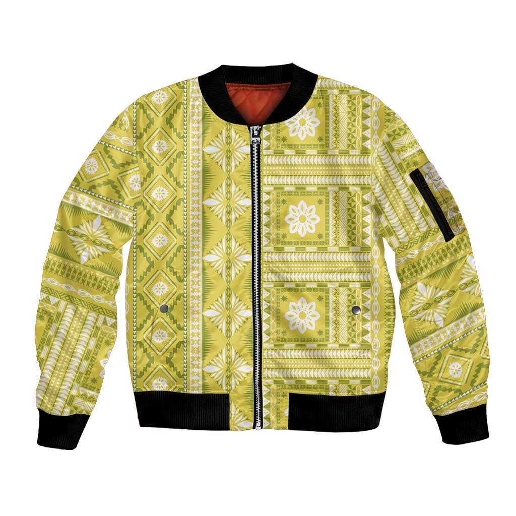 Fiji Masi All Yellow Sleeve Zip Bomber Jacket Tapa Pattern - Polynesian Pride