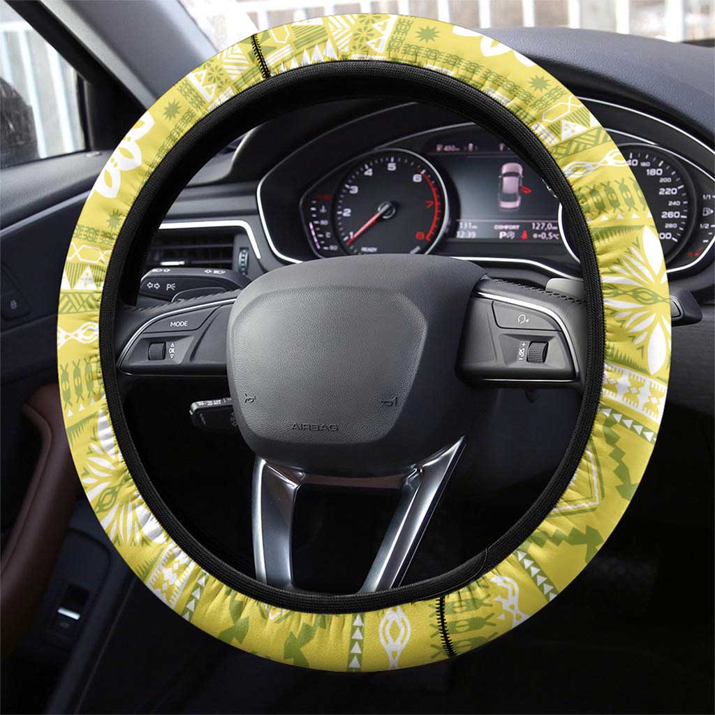 Fiji Masi All Yellow Steering Wheel Cover Tapa Pattern - Polynesian Pride