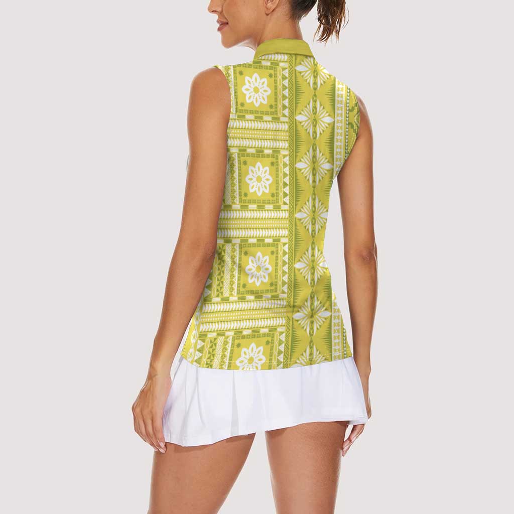 Fiji Masi All Yellow Women Sleeveless Polo Shirt Tapa Pattern - Polynesian Pride