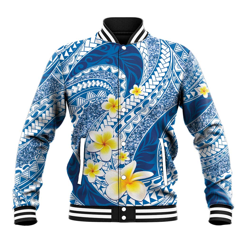 Plumeria Polynesian Blue Glitter Pattern Baseball Jacket LT01 Unisex Blue - Polynesian Pride