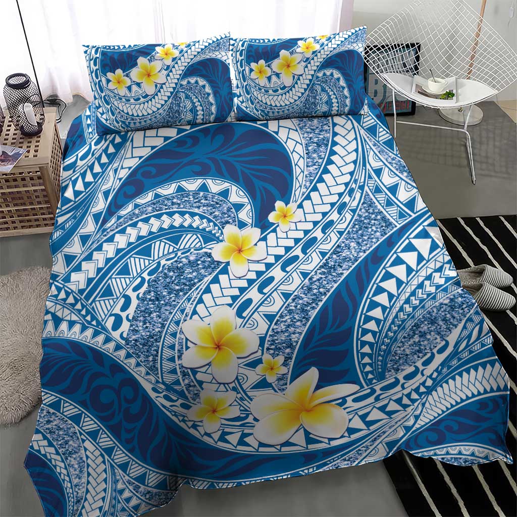 Plumeria Polynesian Blue Glitter Pattern Bedding Set