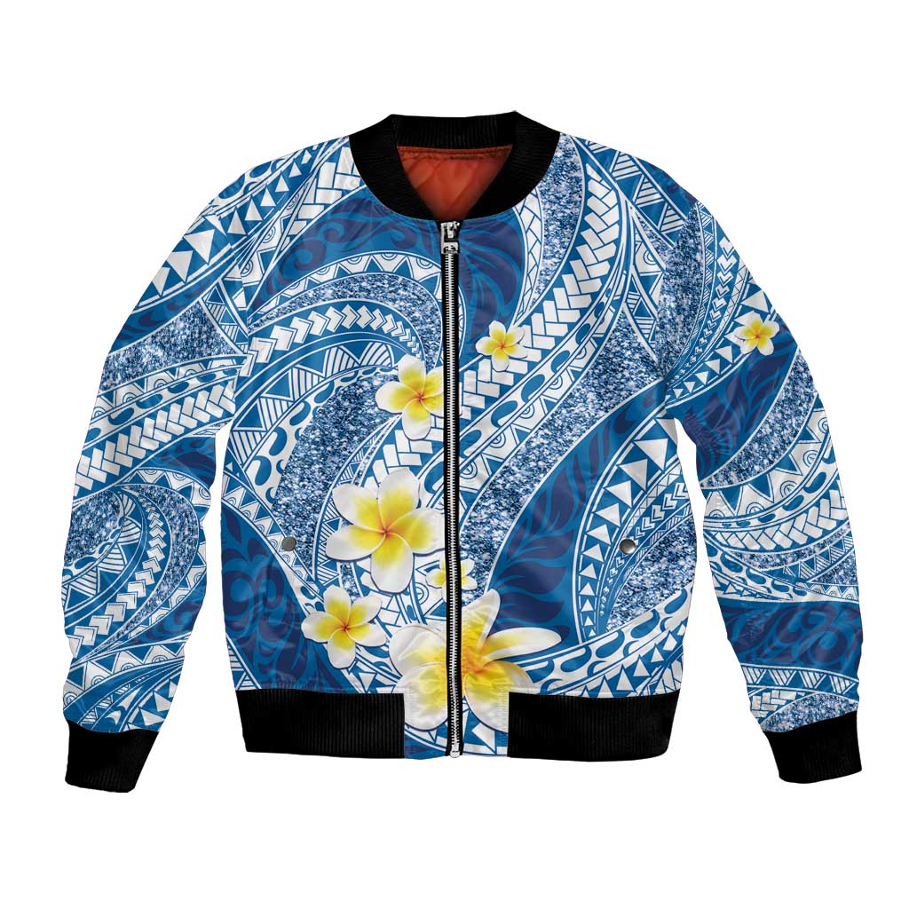 Plumeria Polynesian Blue Glitter Pattern Bomber Jacket