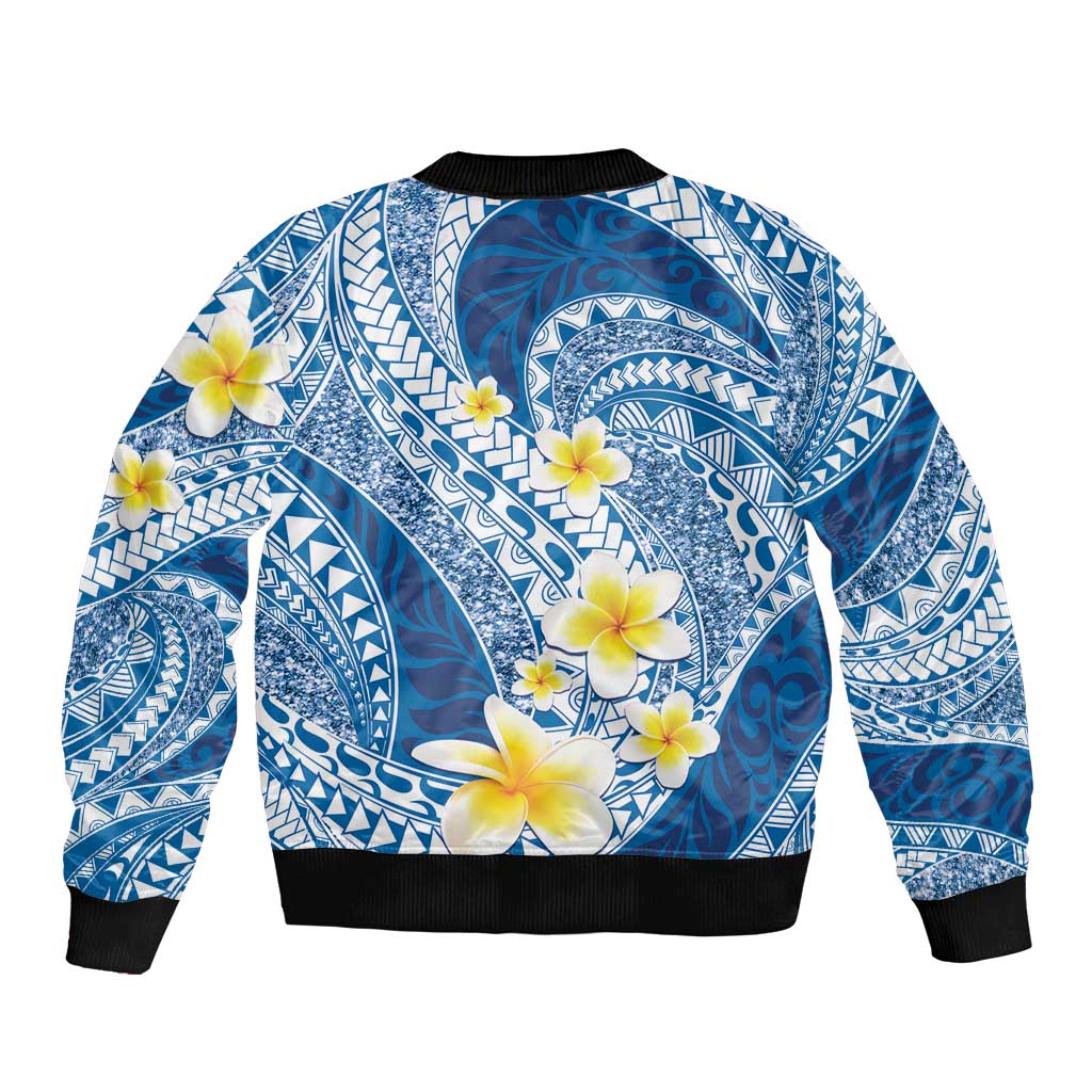 Plumeria Polynesian Blue Glitter Pattern Bomber Jacket