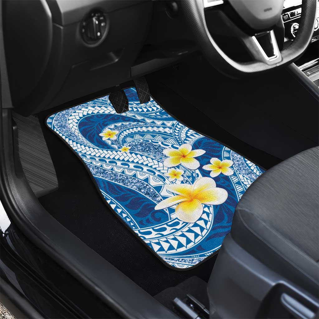 Plumeria Polynesian Blue Glitter Pattern Car Mats