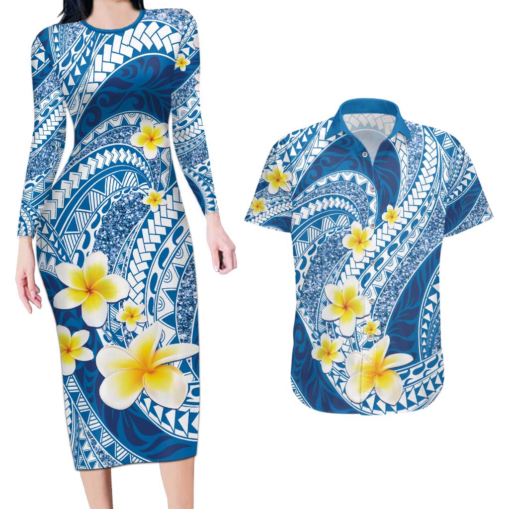 Plumeria Polynesian Blue Glitter Pattern Couples Matching Long Sleeve Bodycon Dress and Hawaiian Shirt