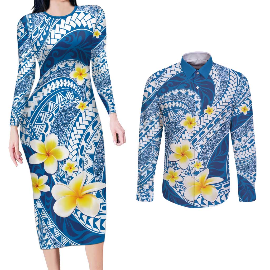 Plumeria Polynesian Blue Glitter Pattern Couples Matching Long Sleeve Bodycon Dress and Long Sleeve Button Shirt