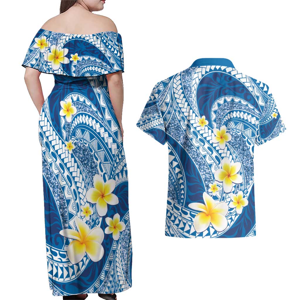 Plumeria Polynesian Blue Glitter Pattern Couples Matching Off Shoulder Maxi Dress and Hawaiian Shirt