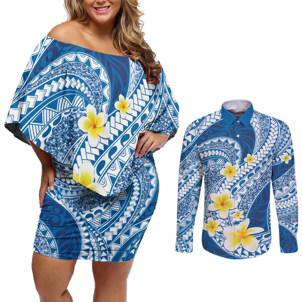 Plumeria Polynesian Blue Glitter Pattern Couples Matching Off Shoulder Short Dress and Long Sleeve Button Shirt
