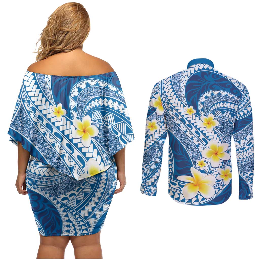 Plumeria Polynesian Blue Glitter Pattern Couples Matching Off Shoulder Short Dress and Long Sleeve Button Shirt
