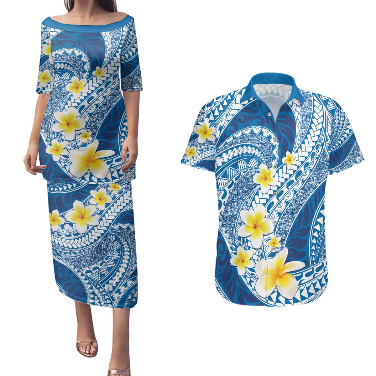 Plumeria Polynesian Blue Glitter Pattern Couples Matching Puletasi and Hawaiian Shirt