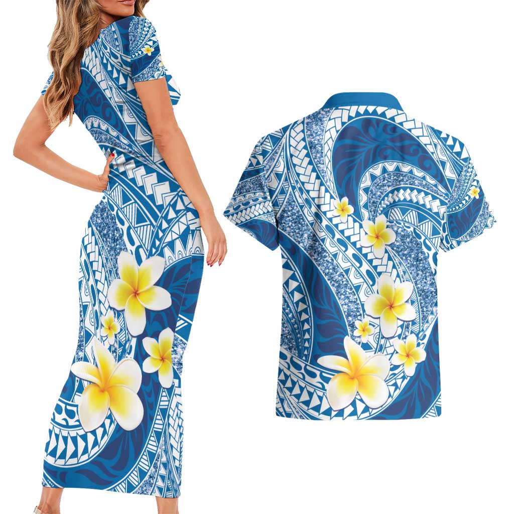 Plumeria Polynesian Blue Glitter Pattern Couples Matching Short Sleeve Bodycon Dress and Hawaiian Shirt