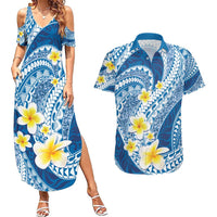 Plumeria Polynesian Blue Glitter Pattern Couples Matching Summer Maxi Dress and Hawaiian Shirt