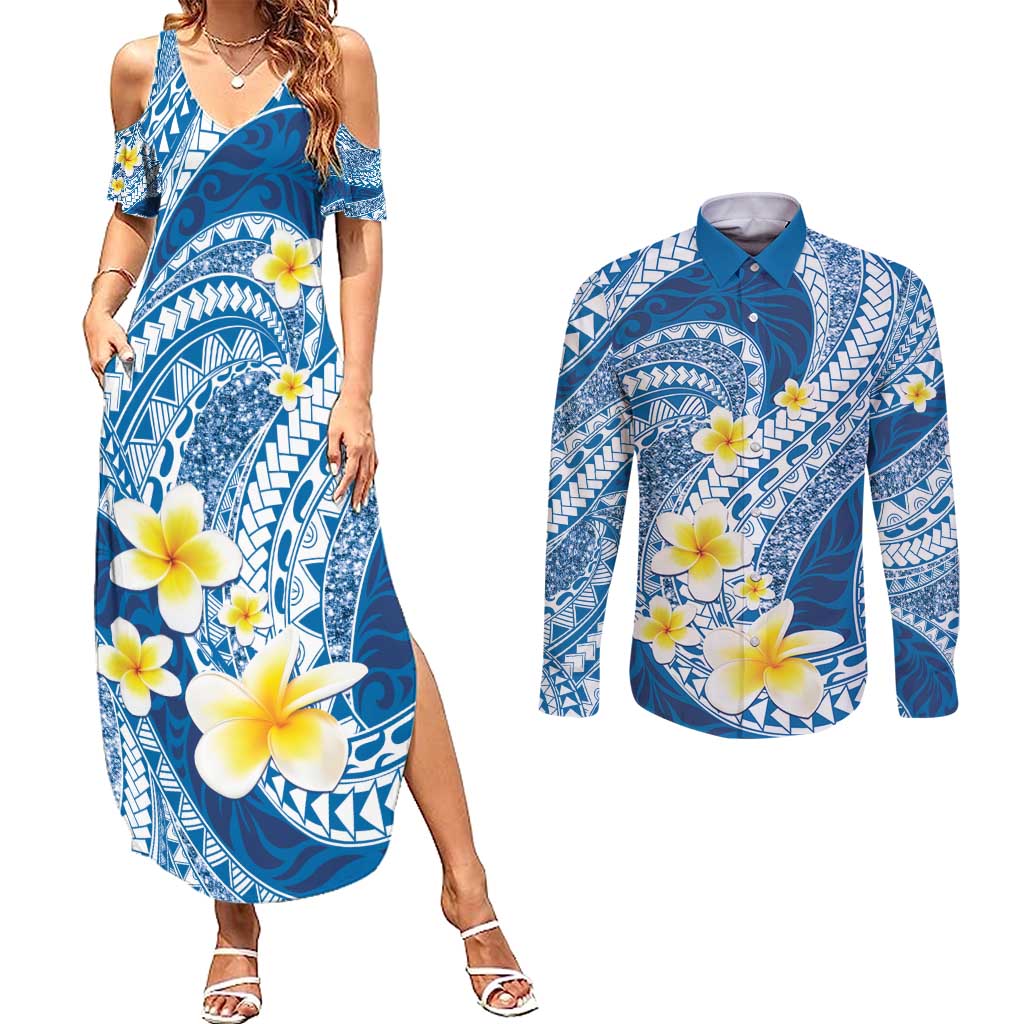 Plumeria Polynesian Blue Glitter Pattern Couples Matching Summer Maxi Dress and Long Sleeve Button Shirt