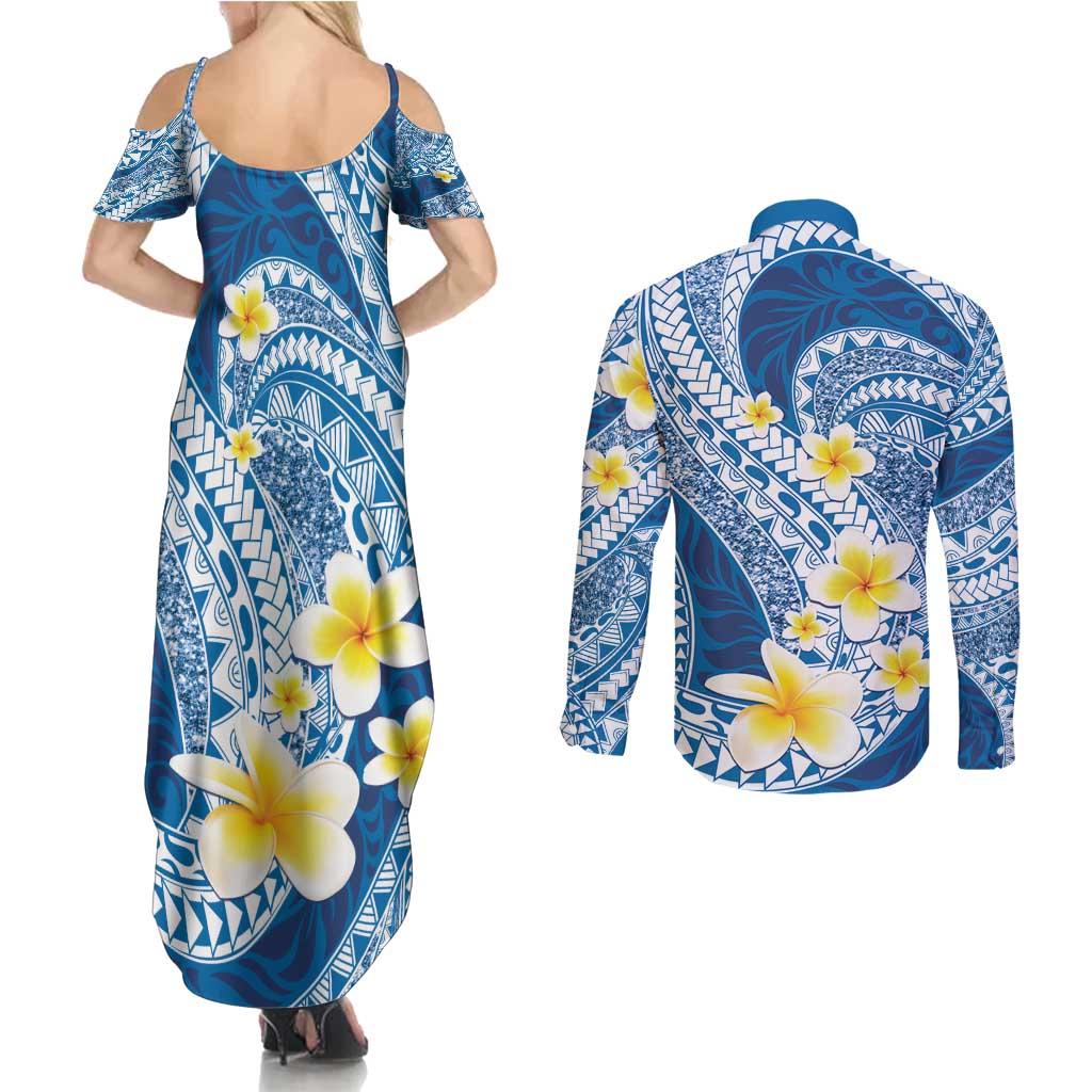 Plumeria Polynesian Blue Glitter Pattern Couples Matching Summer Maxi Dress and Long Sleeve Button Shirt