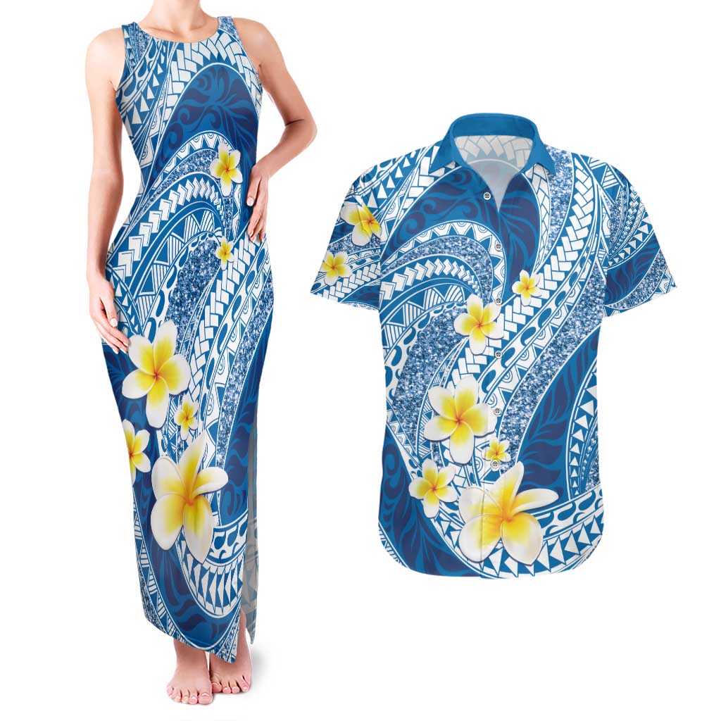 Plumeria Polynesian Blue Glitter Pattern Couples Matching Tank Maxi Dress and Hawaiian Shirt