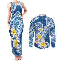 Plumeria Polynesian Blue Glitter Pattern Couples Matching Tank Maxi Dress and Long Sleeve Button Shirt