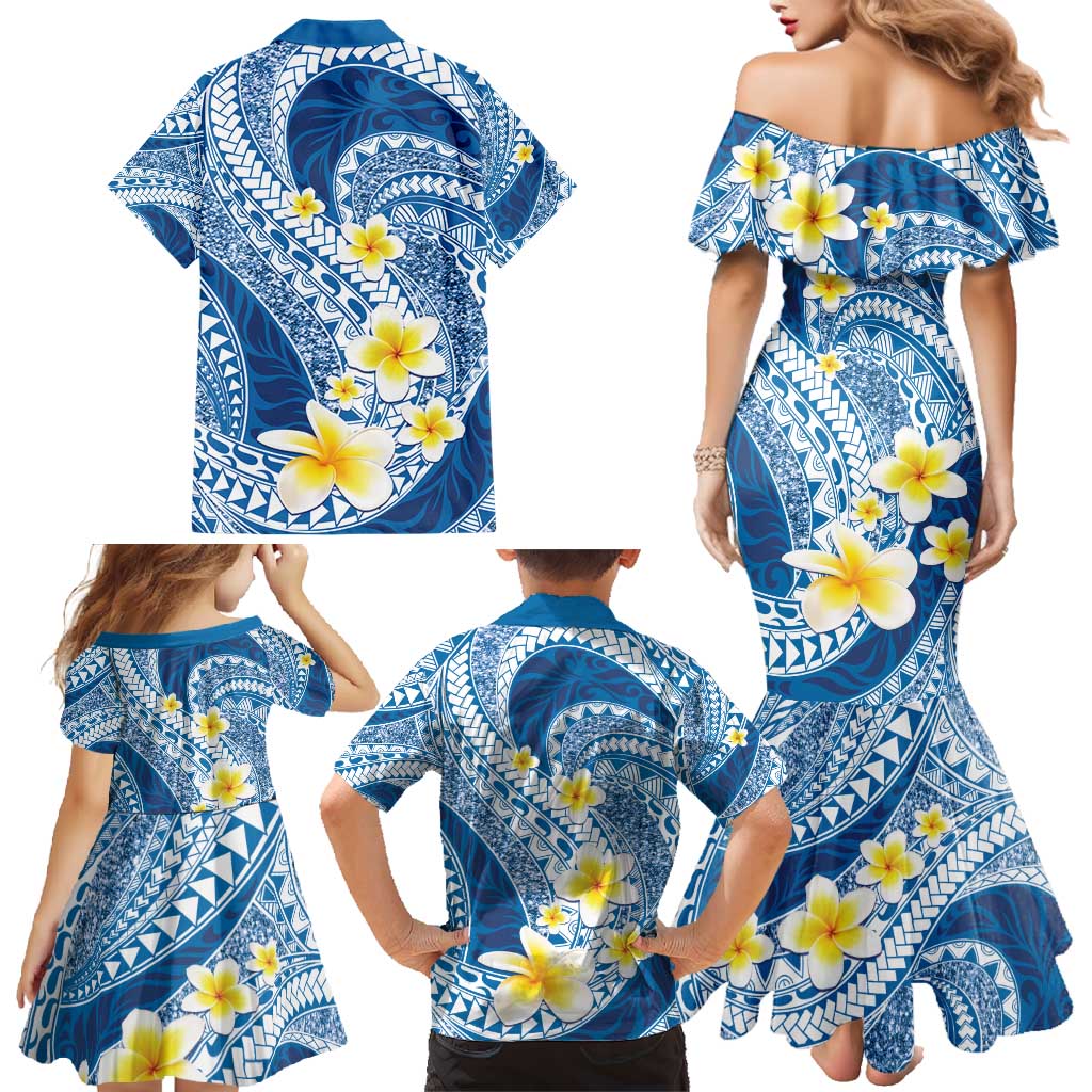 Plumeria Polynesian Blue Glitter Pattern Family Matching Mermaid Dress and Hawaiian Shirt