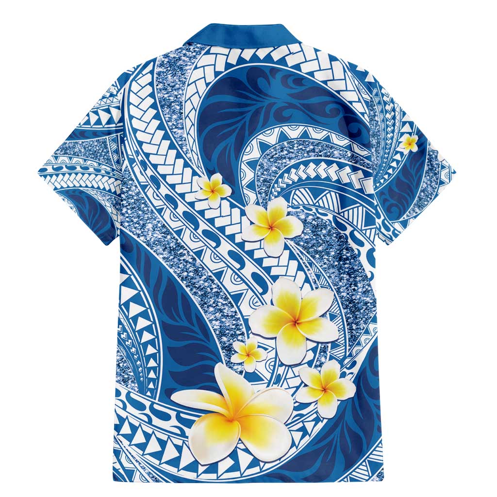 Plumeria Polynesian Blue Glitter Pattern Family Matching Mermaid Dress and Hawaiian Shirt