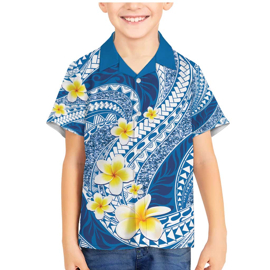 Plumeria Polynesian Blue Glitter Pattern Family Matching Mermaid Dress and Hawaiian Shirt