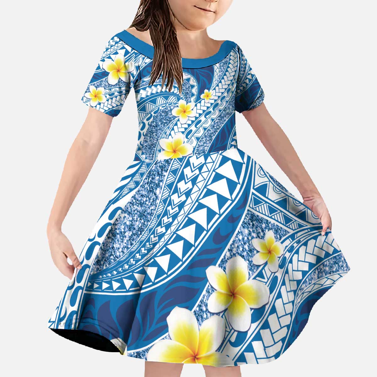 Plumeria Polynesian Blue Glitter Pattern Family Matching Off The Shoulder Long Sleeve Dress and Hawaiian Shirt